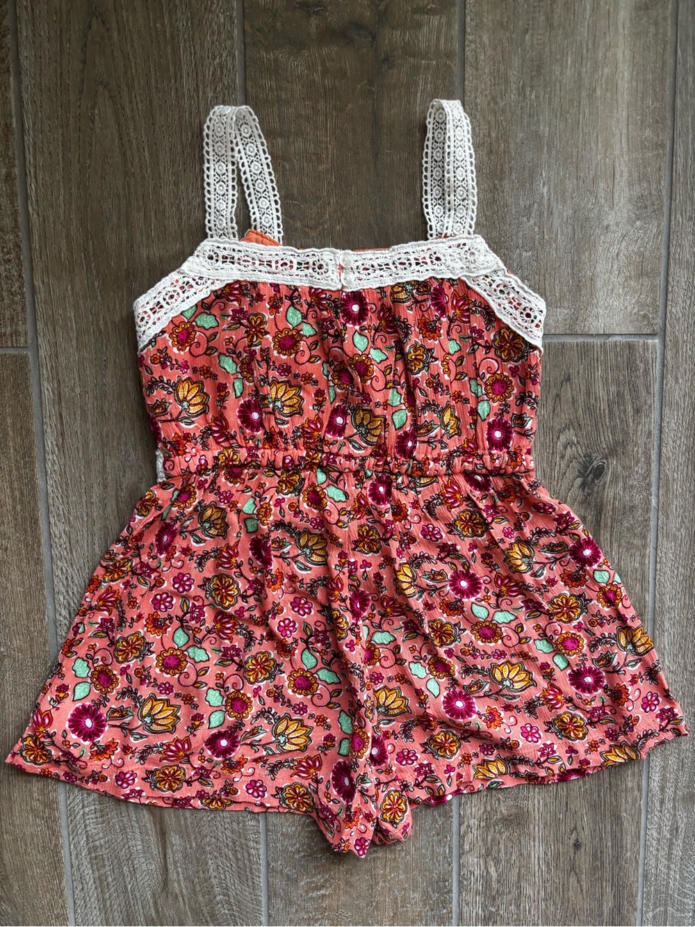 Peek Coral Floral Romper with White Lace - Picture 2 of 6